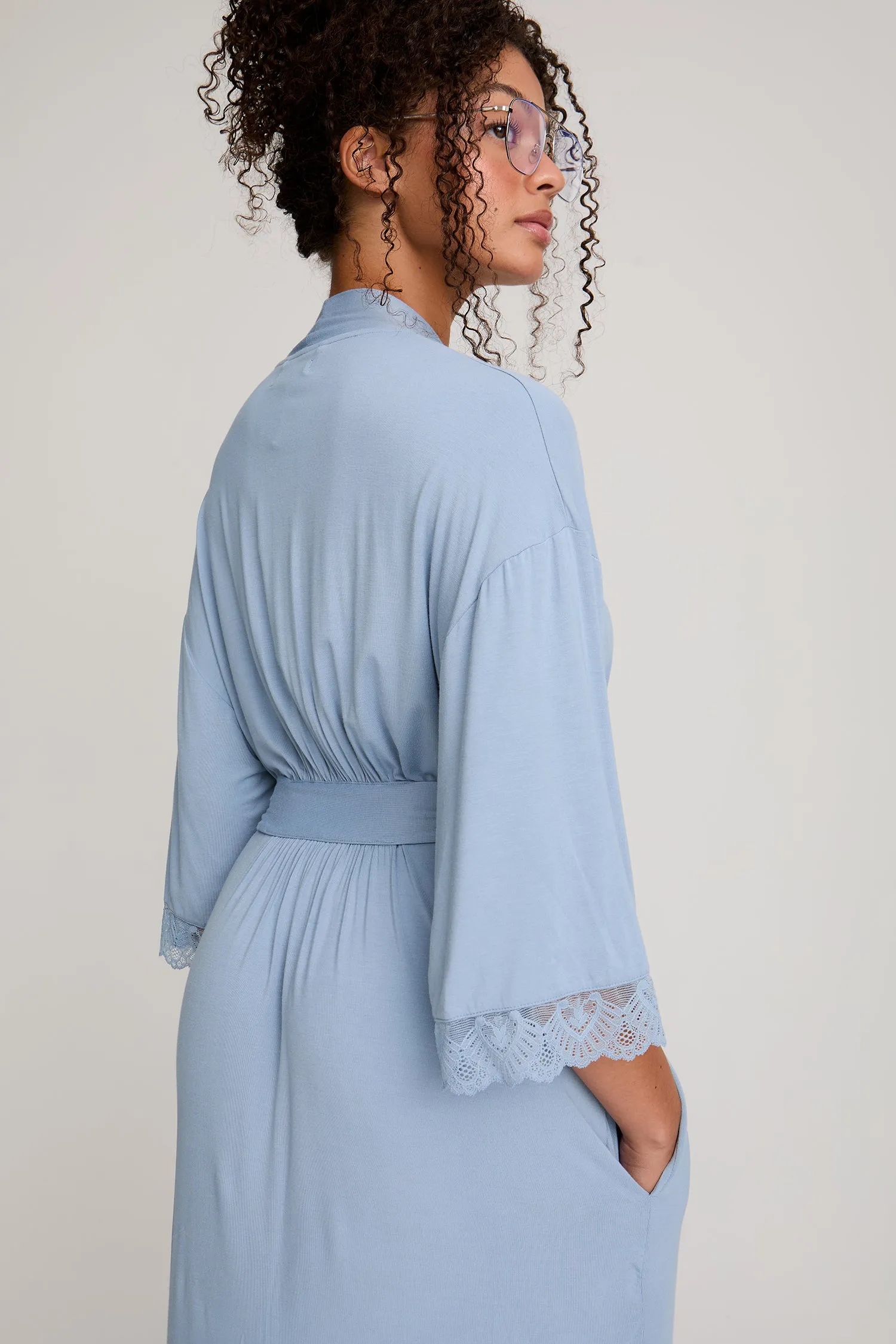 Bamboo Lace Kimono Robe in Blue Mist sold by Pretty You London product image thumbnail 5