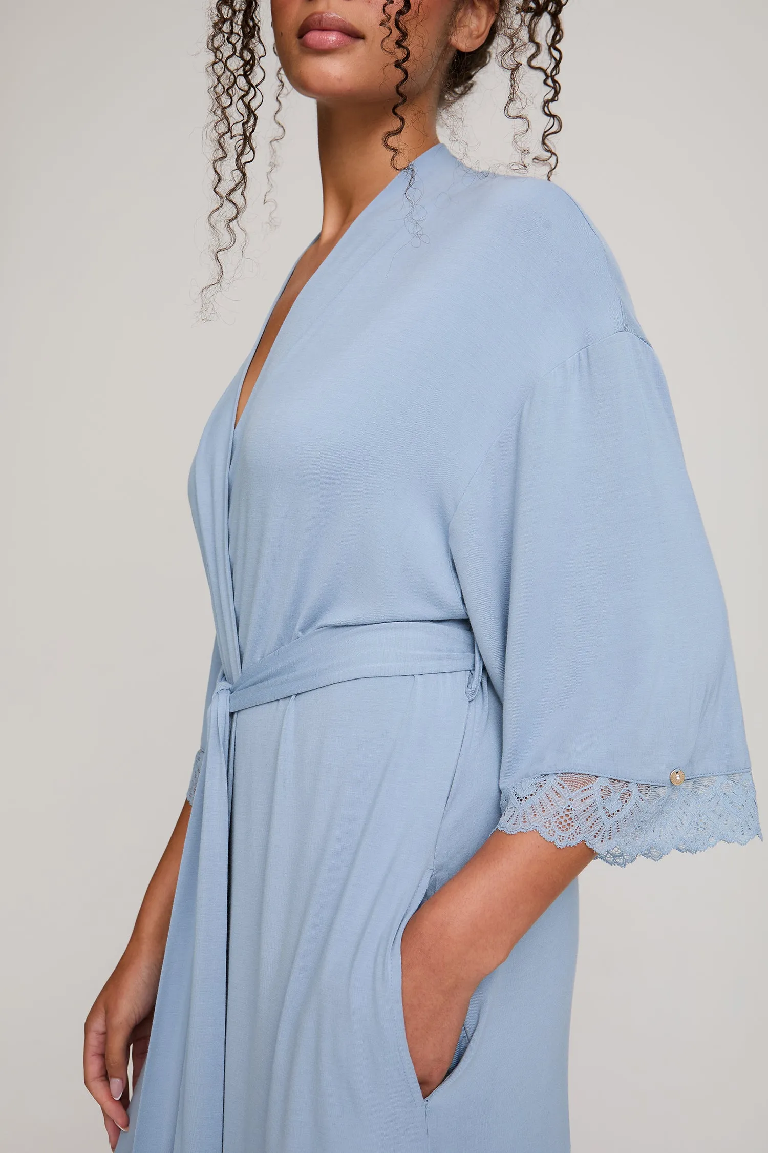 Bamboo Lace Kimono Robe in Blue Mist sold by Pretty You London product image thumbnail 2