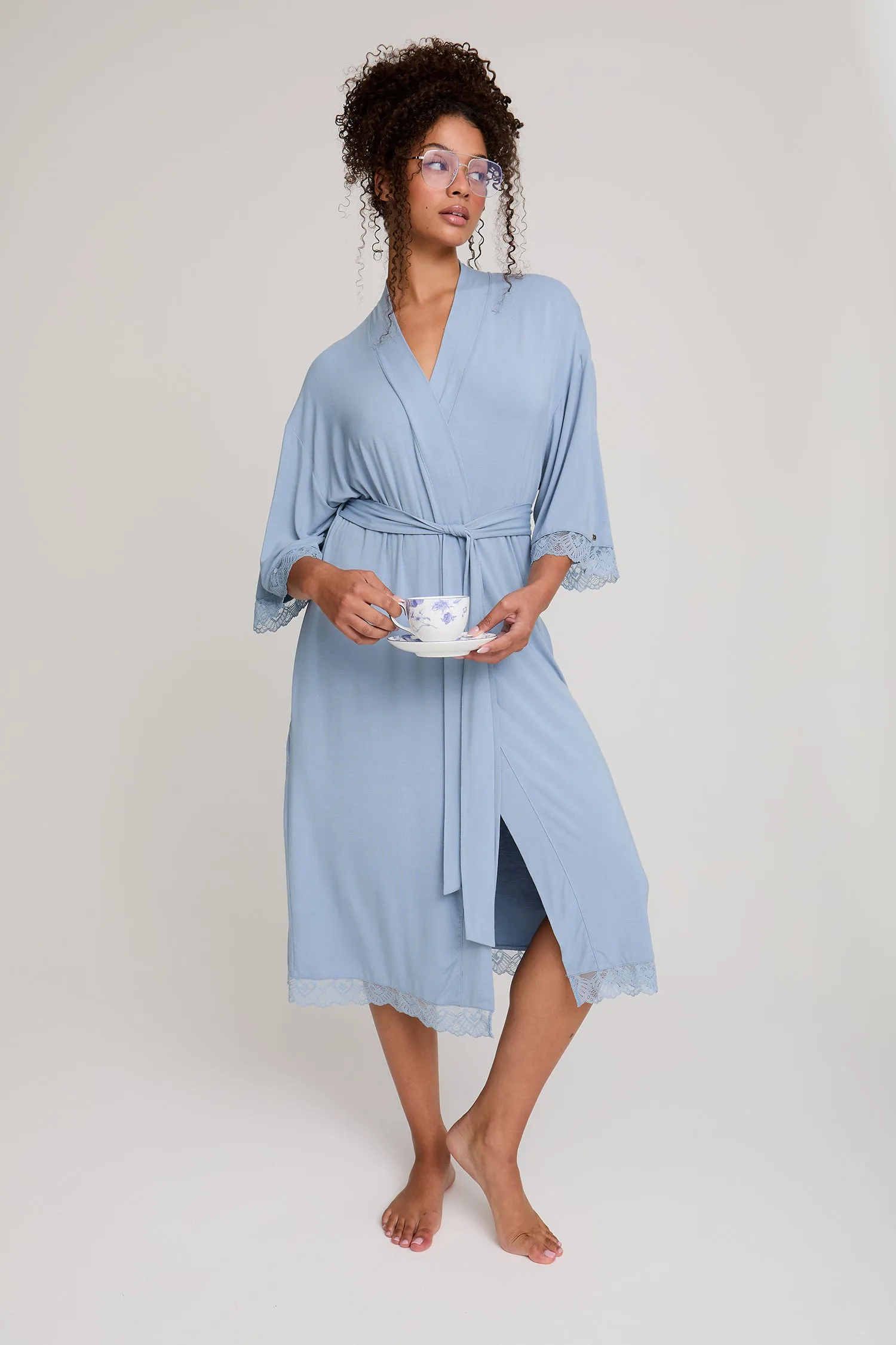 Bamboo Lace Kimono Robe in Blue Mist sold by Pretty You London product image thumbnail 4