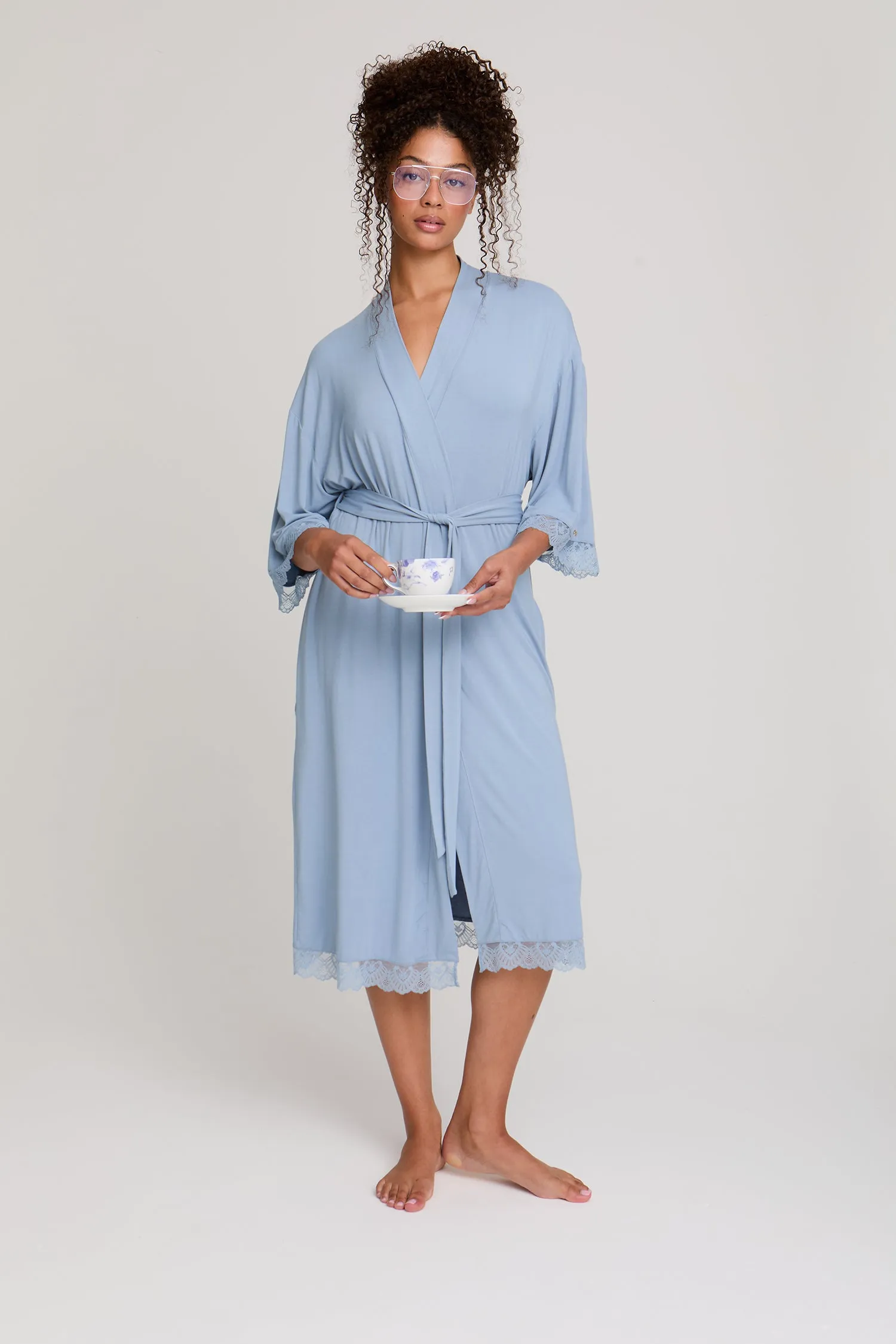 Bamboo Lace Kimono Robe in Blue Mist sold by Pretty You London