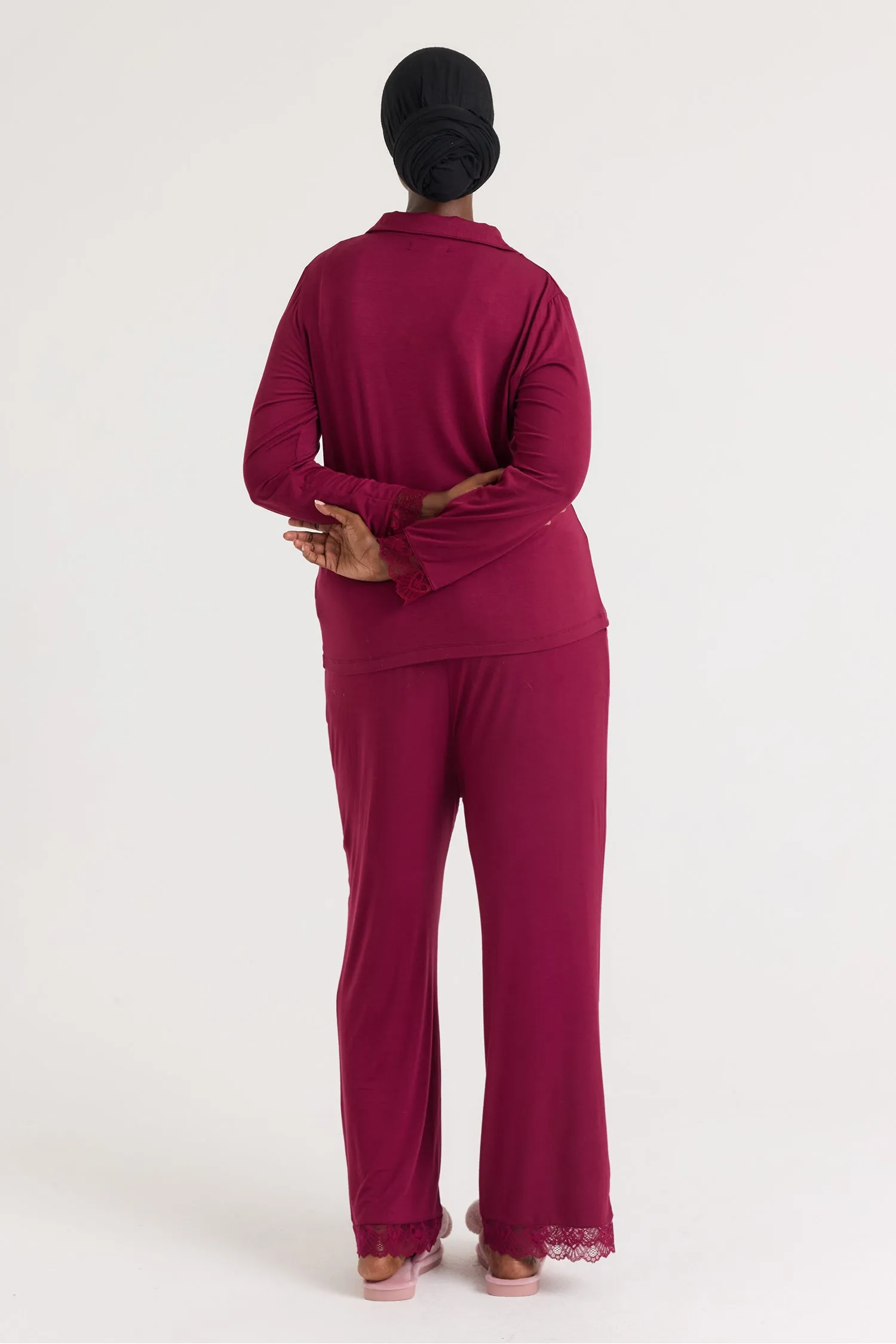Bamboo Lace Pajama Set in Bordeaux sold by Pretty You London product image thumbnail 3