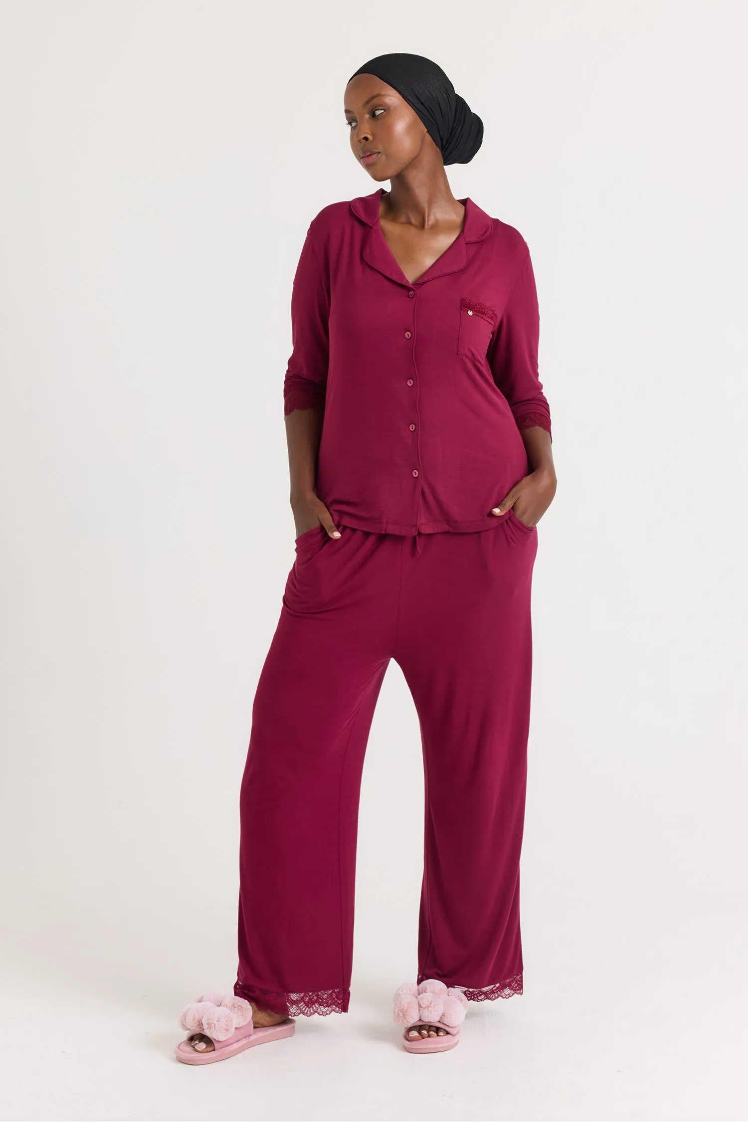 Bamboo Lace Pajama Set in Bordeaux sold by Pretty You London