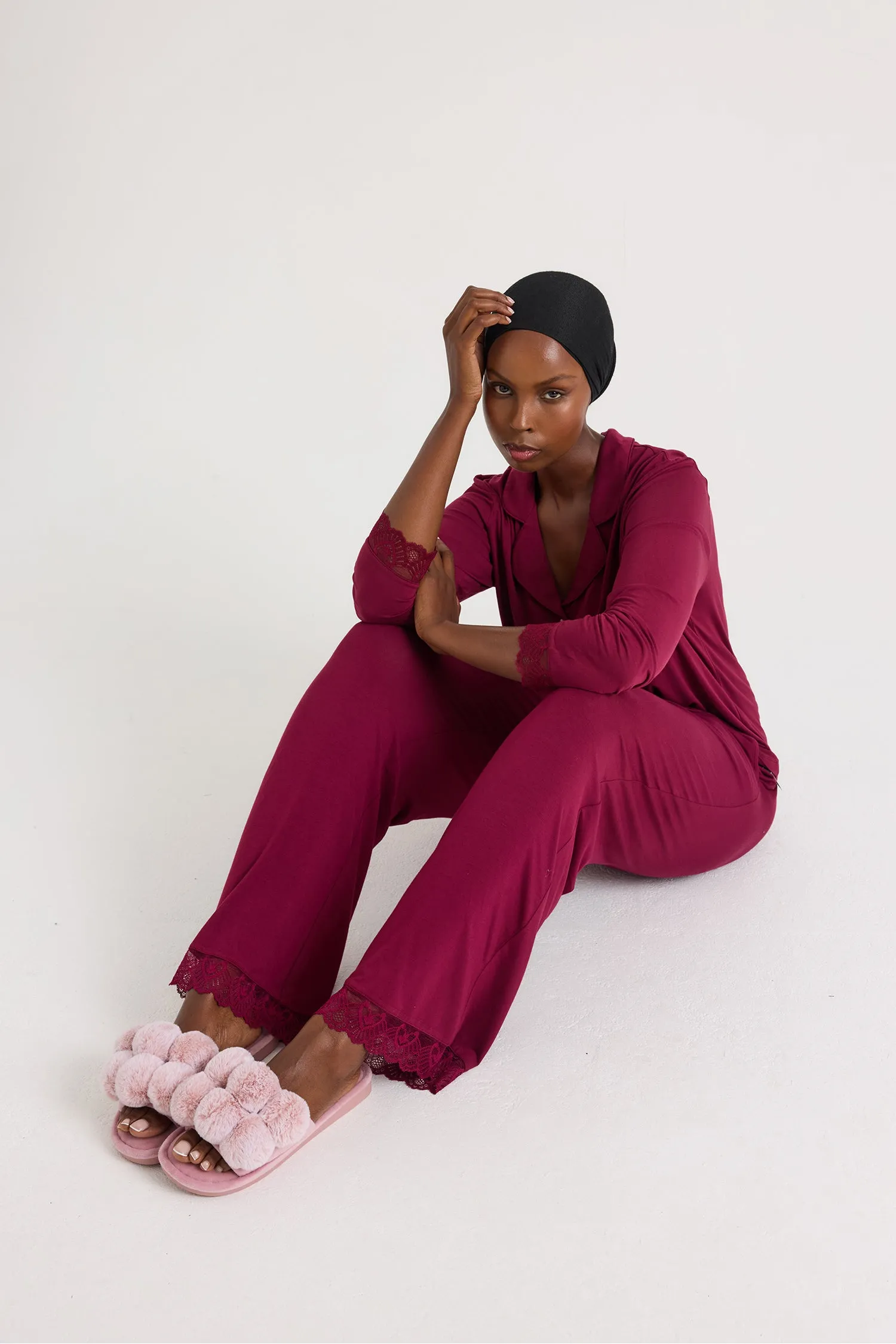 Bamboo Lace Pajama Set in Bordeaux sold by Pretty You London product image thumbnail 5