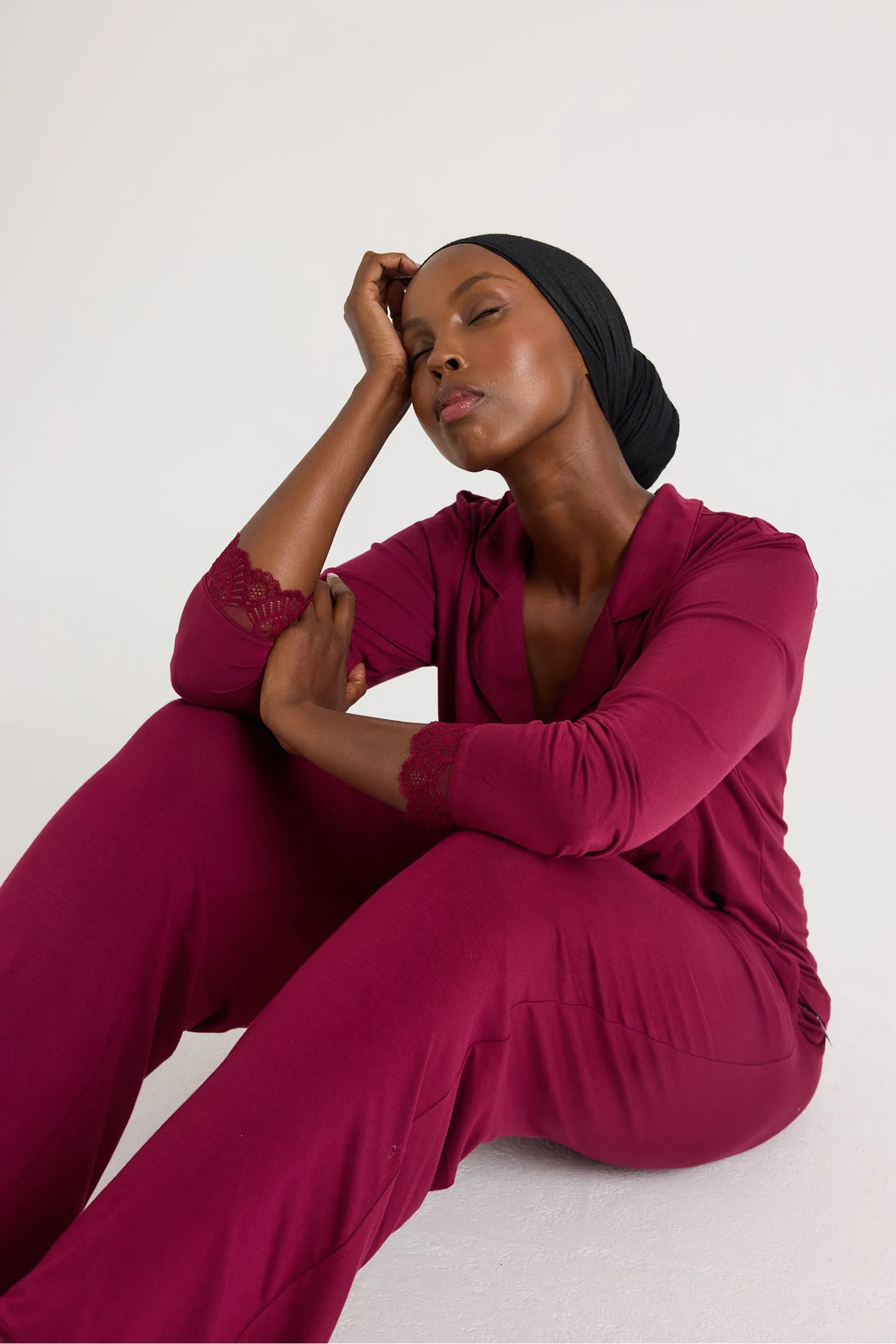 Bamboo Lace Pajama Set in Bordeaux sold by Pretty You London product image thumbnail 2