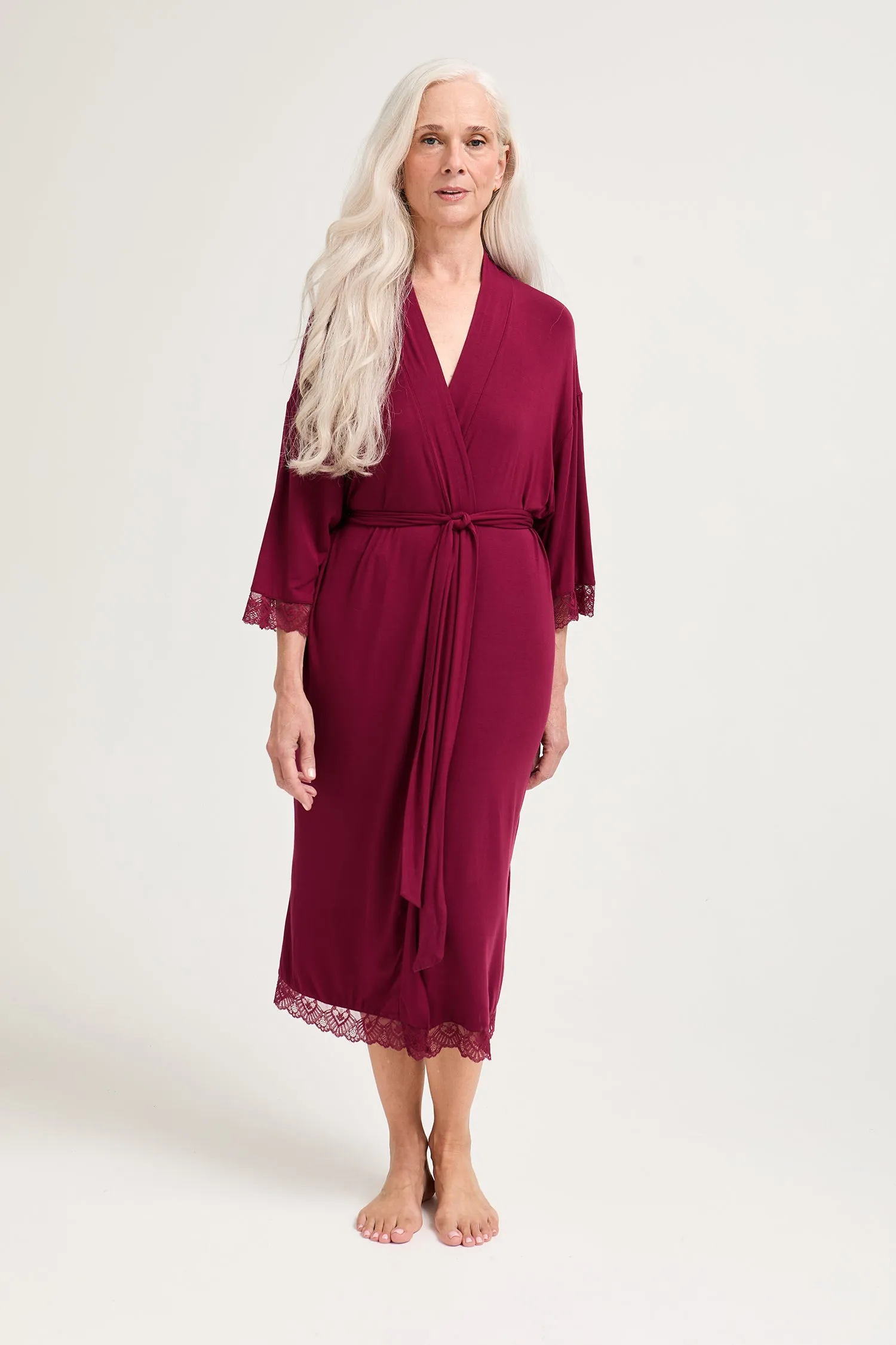 Bamboo Lace Kimono Robe in Bordeaux sold by Pretty You London