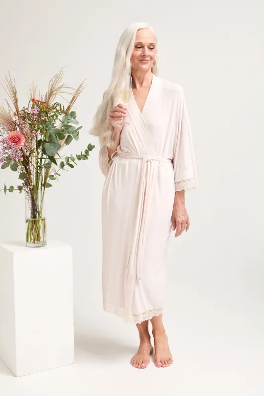 Bamboo Lace Kimono Robe in Powder Puff sold by Pretty You London