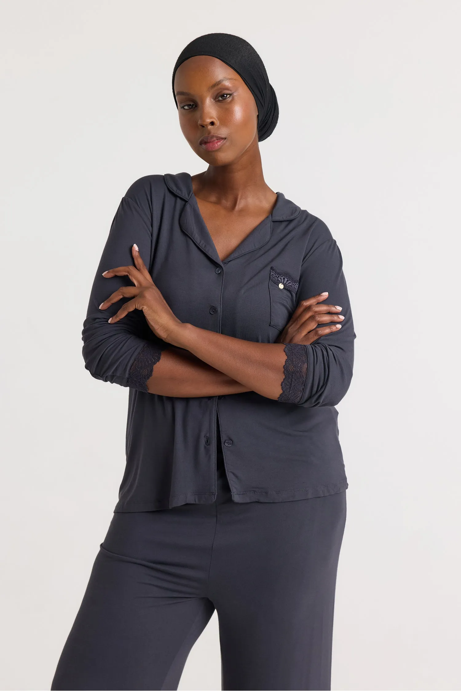 Bamboo Lace Pajama Set in Raven sold by Pretty You London product image thumbnail 4