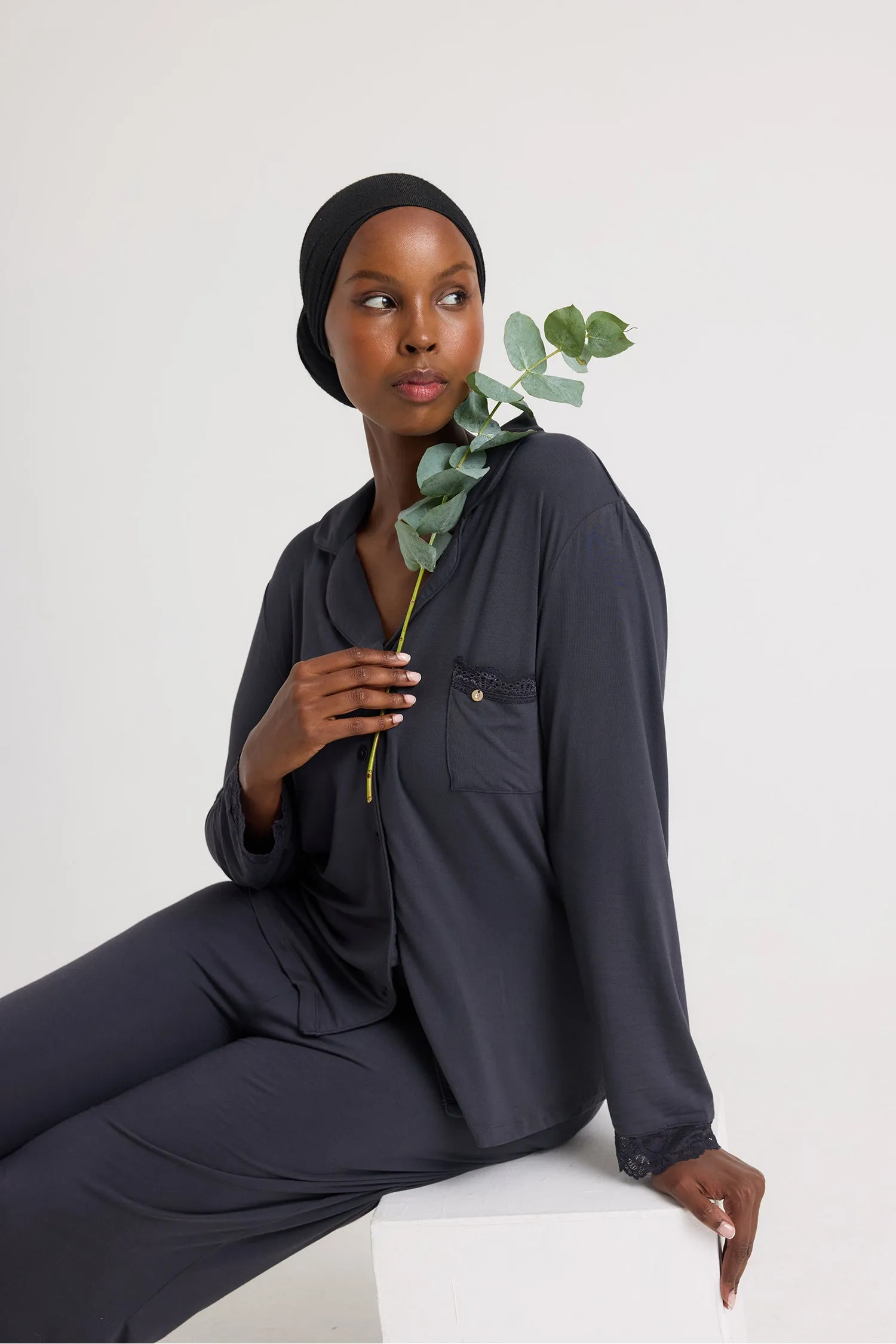 Bamboo Lace Pajama Set in Raven sold by Pretty You London product image thumbnail 5