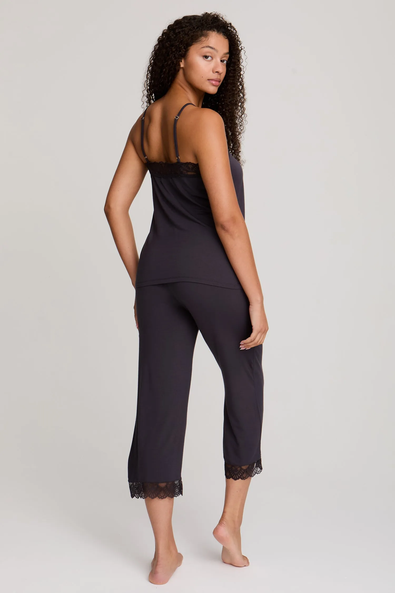 Bamboo Lace Cami Cropped Trouser Pajama Set in Raven sold by Pretty You London product image thumbnail 3