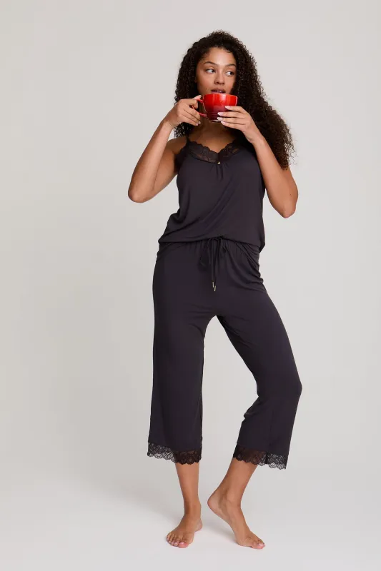 Bamboo Lace Cami Cropped Trouser Pajama Set in Raven sold by Pretty You London