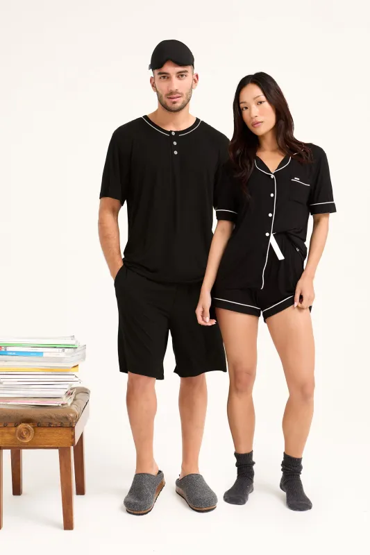 His and Hers Bamboo Short Pyjama Sets in Black sold by Pretty You London