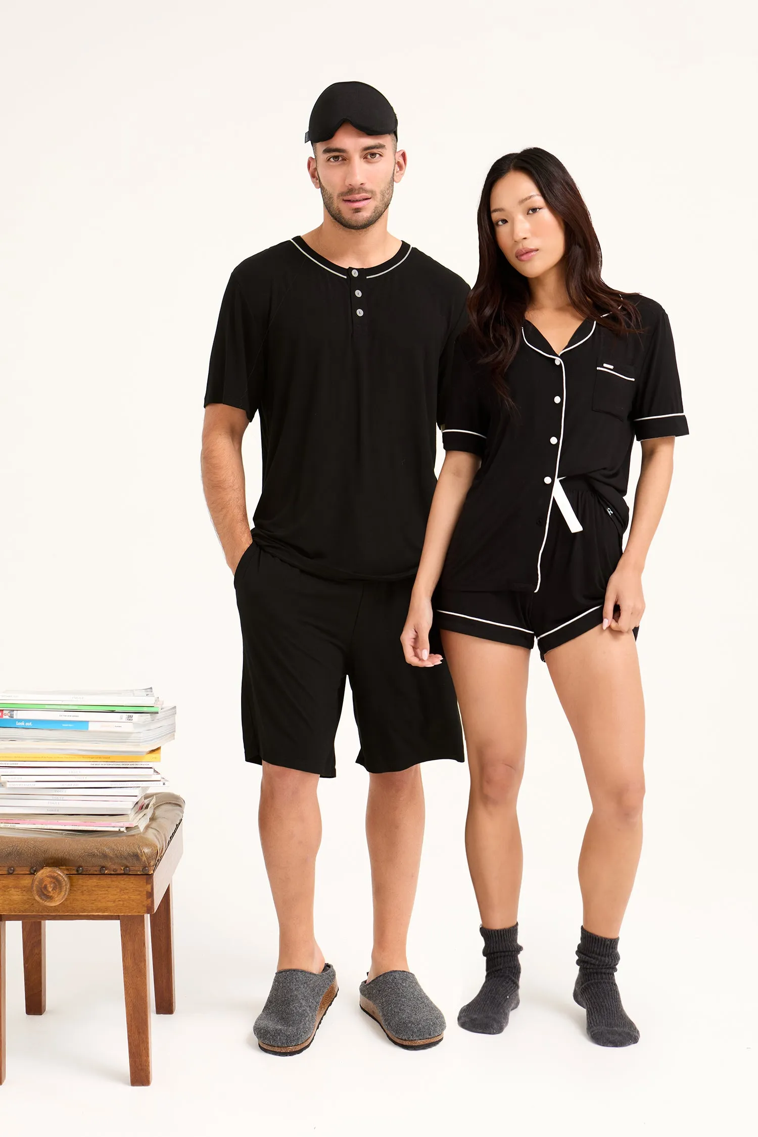 His and Hers Bamboo Short Pyjama Sets in Black sold by Pretty You London
