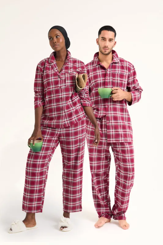 His and Hers Plaid Pyjama Sets in Bordeaux sold by Pretty You London