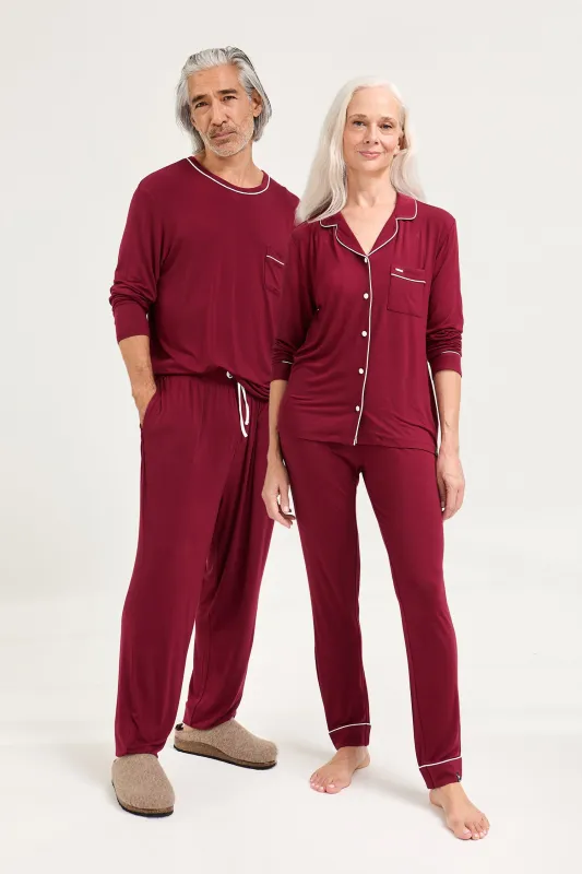 His and Hers Bamboo Pyjama Sets in Claret sold by Pretty You London