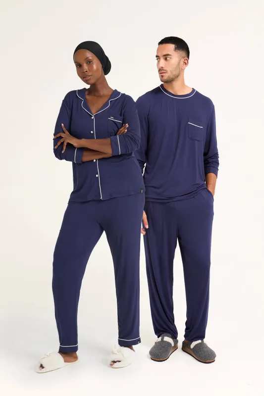 His and Hers Bamboo Pyjama Sets in Midnight sold by Pretty You London