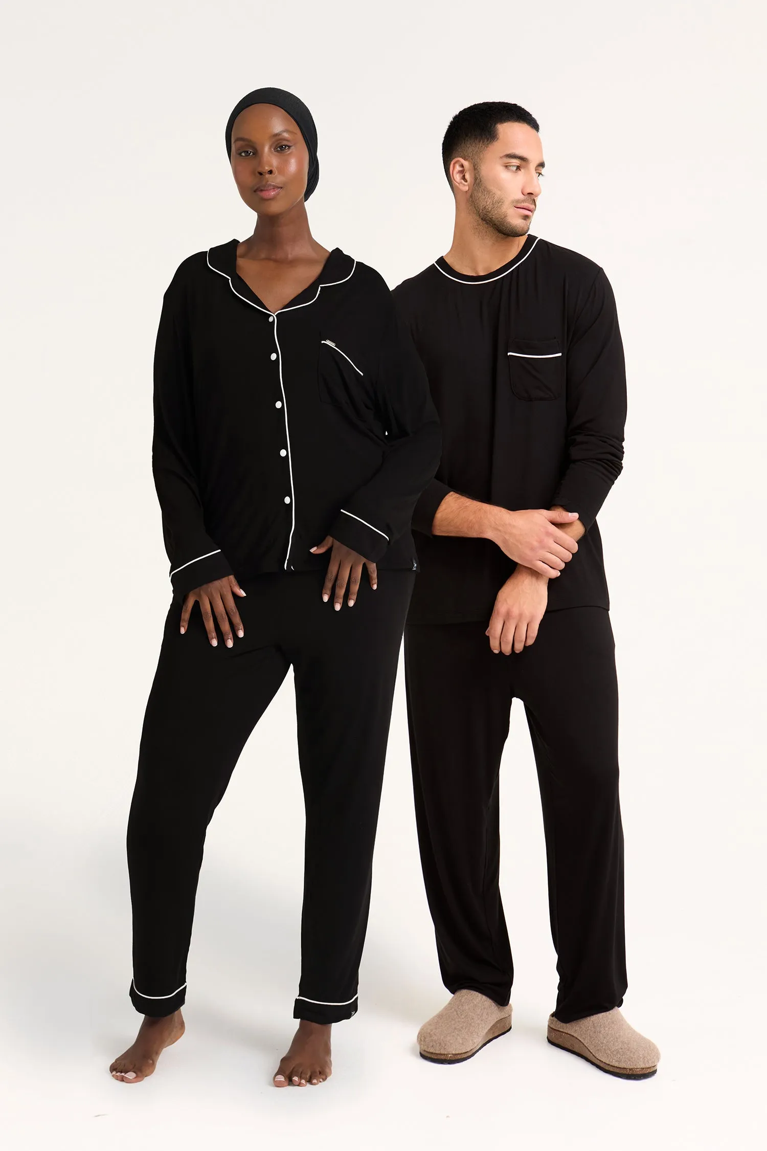 His and Hers Bamboo Pajama Sets in Black sold by Pretty You London