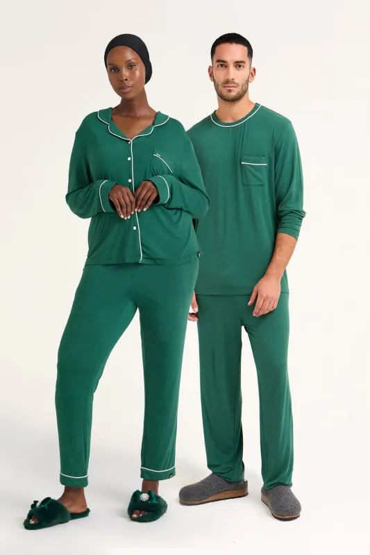 His and Hers Bamboo Pyjama Sets in Green sold by Pretty You London