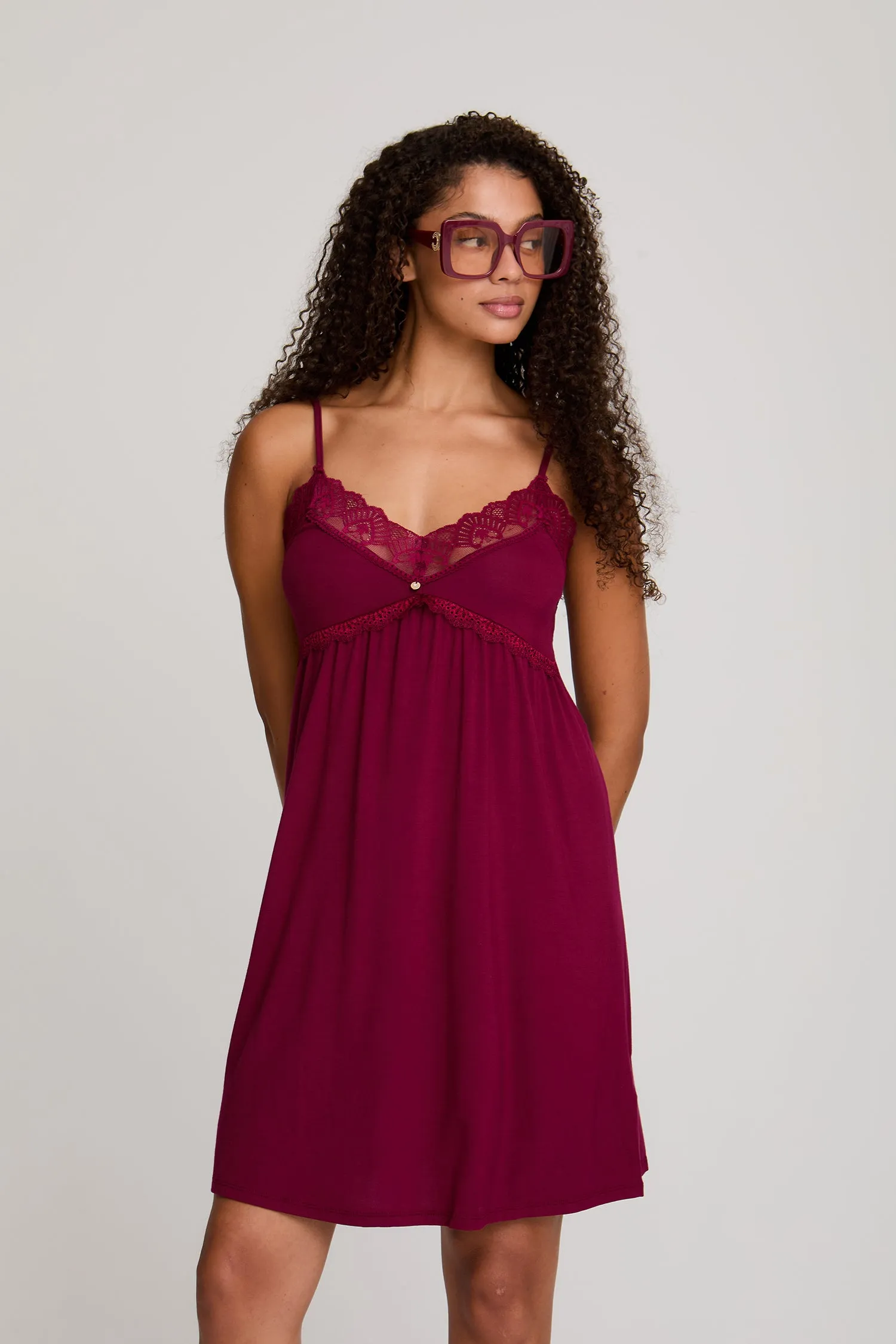 Bamboo Lace Chemise Nightdress in Bordeaux - Wholesale sold by Pretty You London product image thumbnail 5