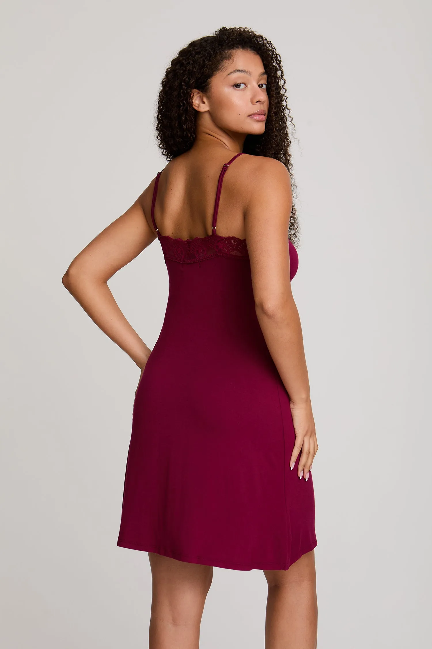 Bamboo Lace Chemise Nightdress in Bordeaux - Wholesale sold by Pretty You London product image thumbnail 3