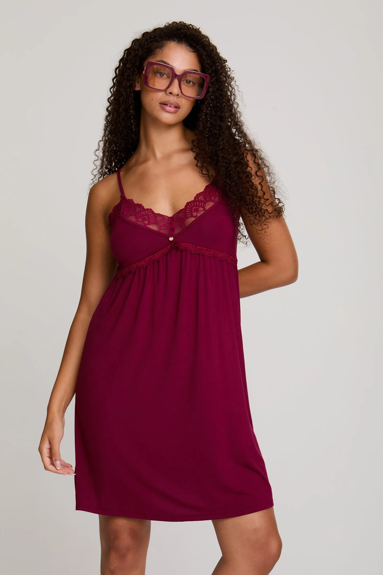 Bamboo Lace Chemise Nightdress in Bordeaux - Wholesale sold by Pretty You London product image thumbnail 4