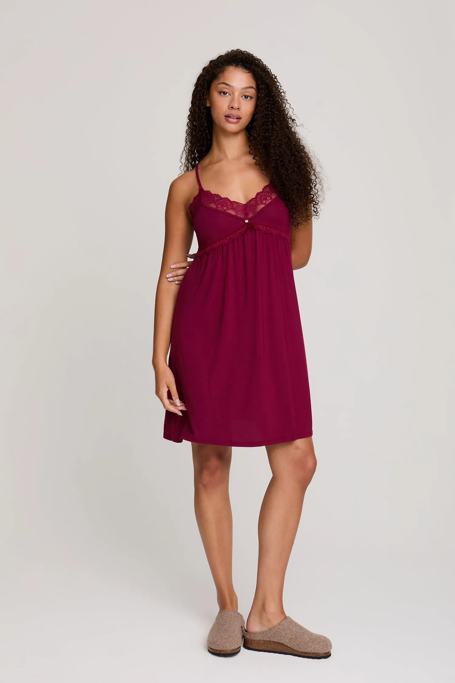 Bamboo Lace Chemise Nightdress in Bordeaux - Wholesale sold by Pretty You London