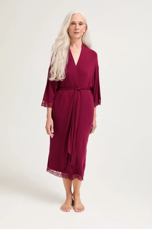 Bamboo Lace Kimono Robe in Bordeaux - Wholesale sold by Pretty You London