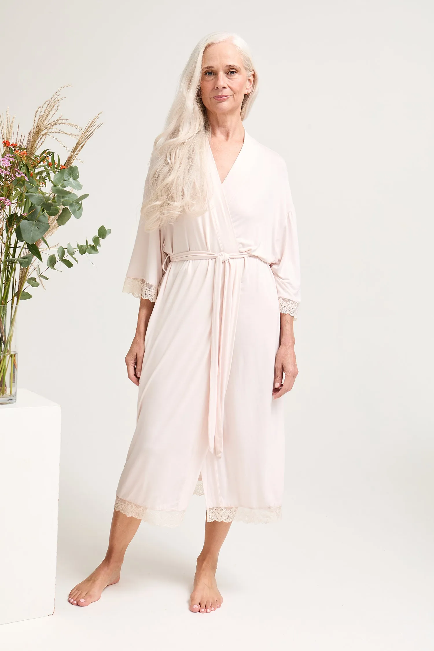 Bamboo Lace Kimono Robe in Powder Puff - Wholesale sold by Pretty You London product image thumbnail 4