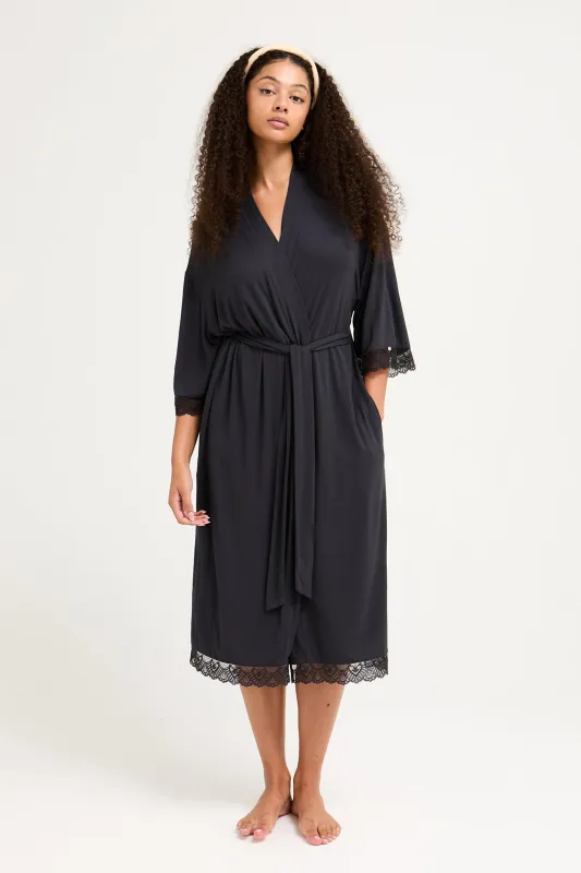 Bamboo Lace Kimono Robe in Raven - Wholesale sold by Pretty You London