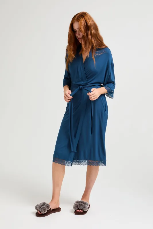 Bamboo Lace Kimono Robe in Teal - Wholesale sold by Pretty You London
