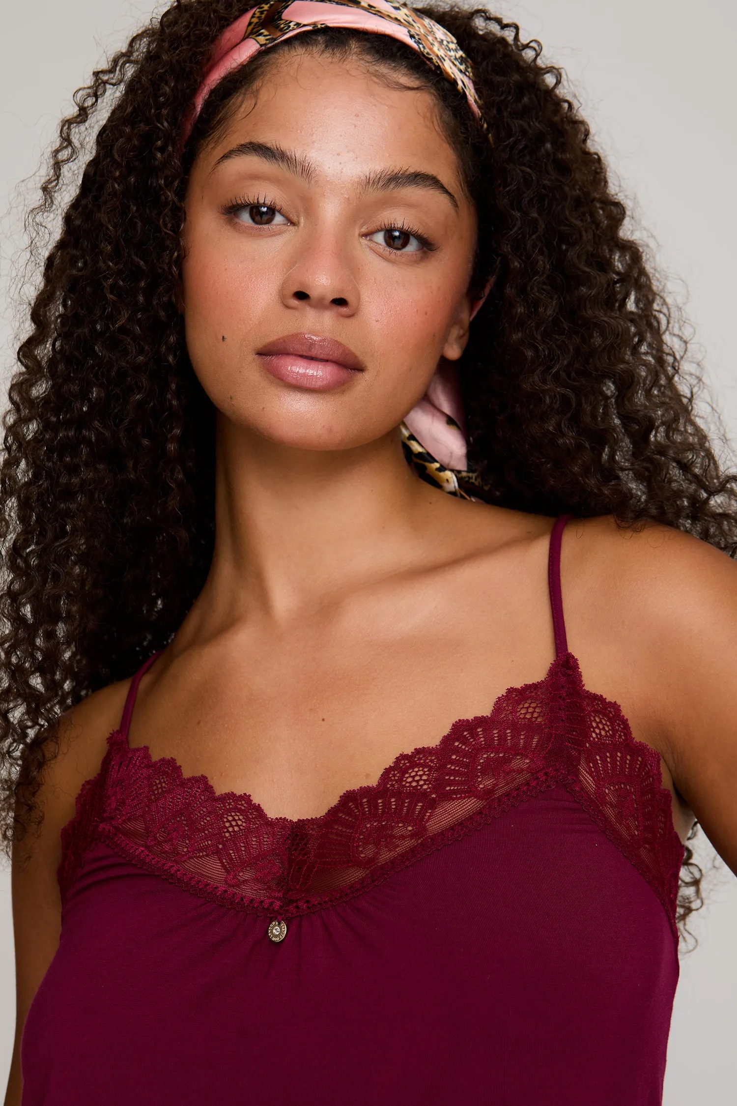 Bamboo Lace Cami Short Pajama Set in Bordeaux sold by Pretty You London product image thumbnail 2