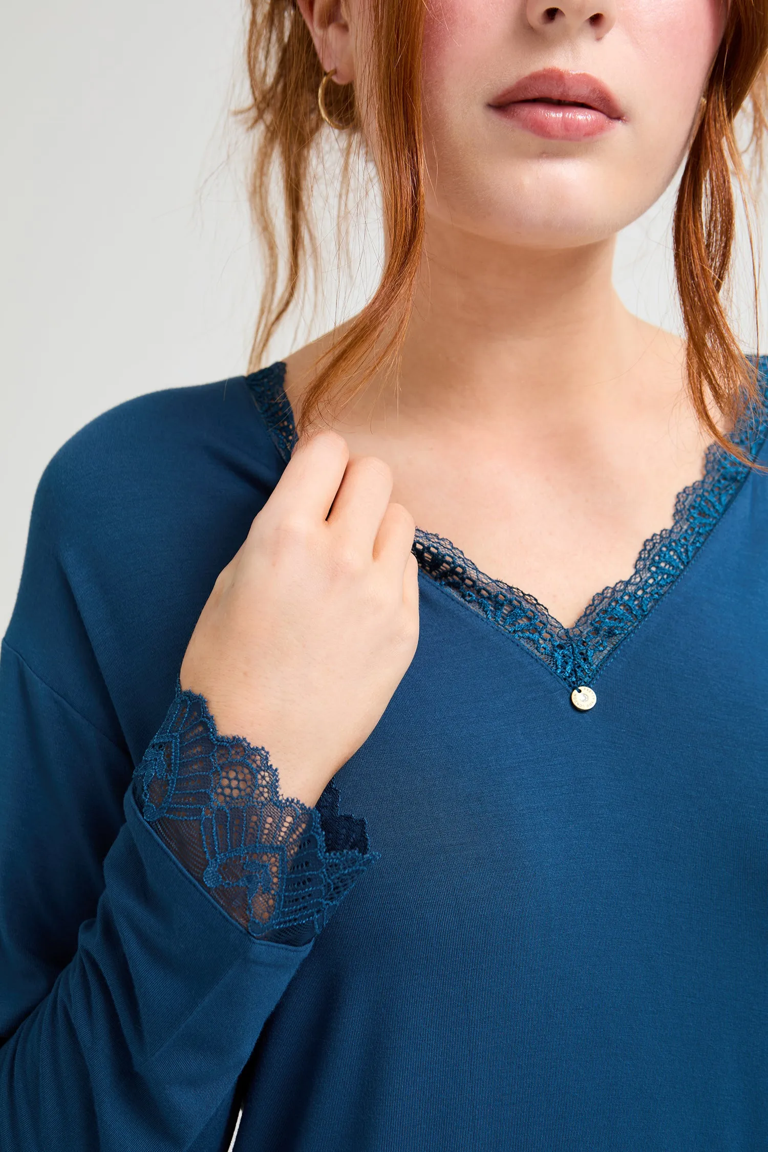 Bamboo Lace Nightdress in Teal - Wholesale sold by Pretty You London product image thumbnail 2