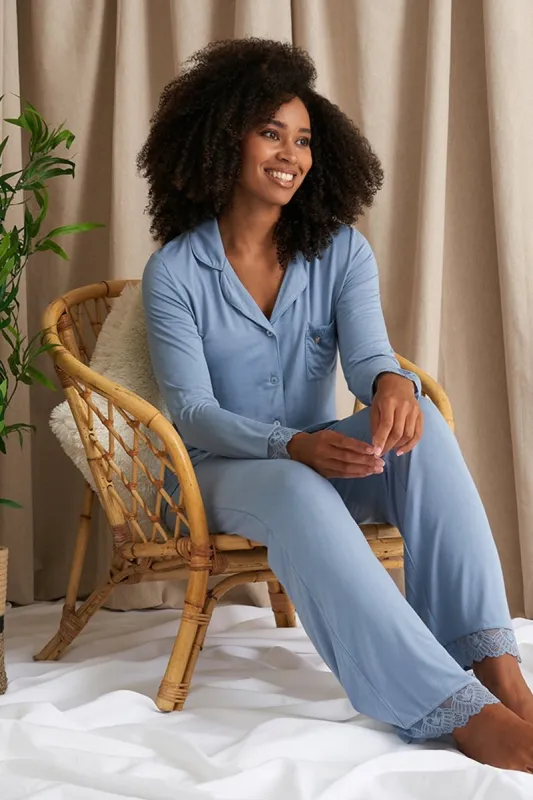 Bamboo Lace Pajama Set in Blue Mist sold by Pretty You London