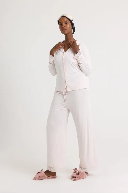 Bamboo Lace Pajama Set in Powder Puff sold by Pretty You London