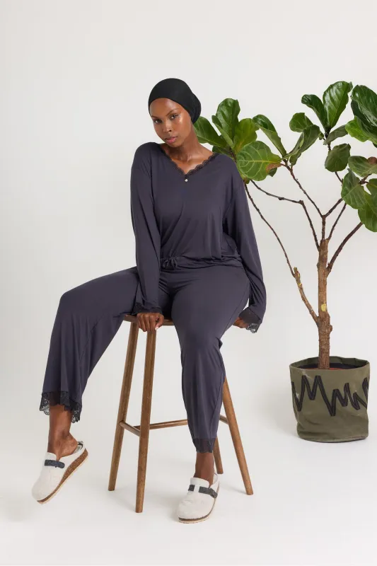 Bamboo Lace V-Neck Pyjama Set in Raven - Wholesale sold by Pretty You London