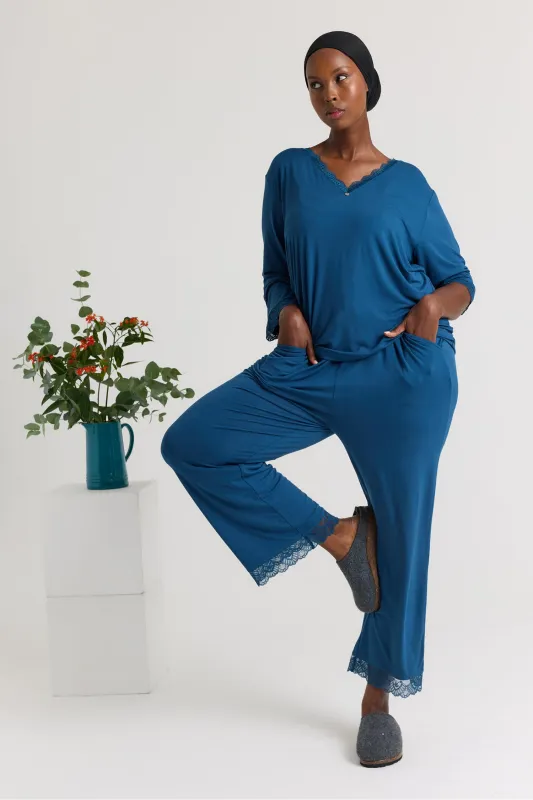 Bamboo Lace V-Neck Pyjama Set in Teal - Wholesale sold by Pretty You London
