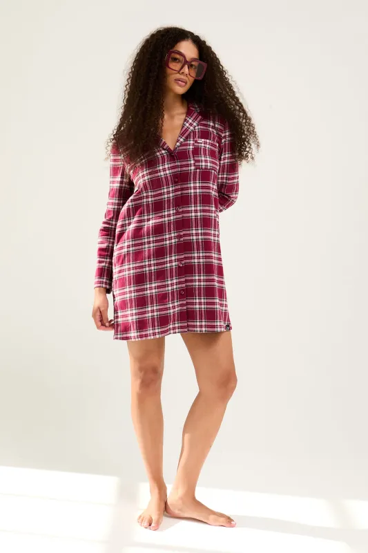Plaid Nightshirt in Bordeaux - Wholesale made by Pretty You London