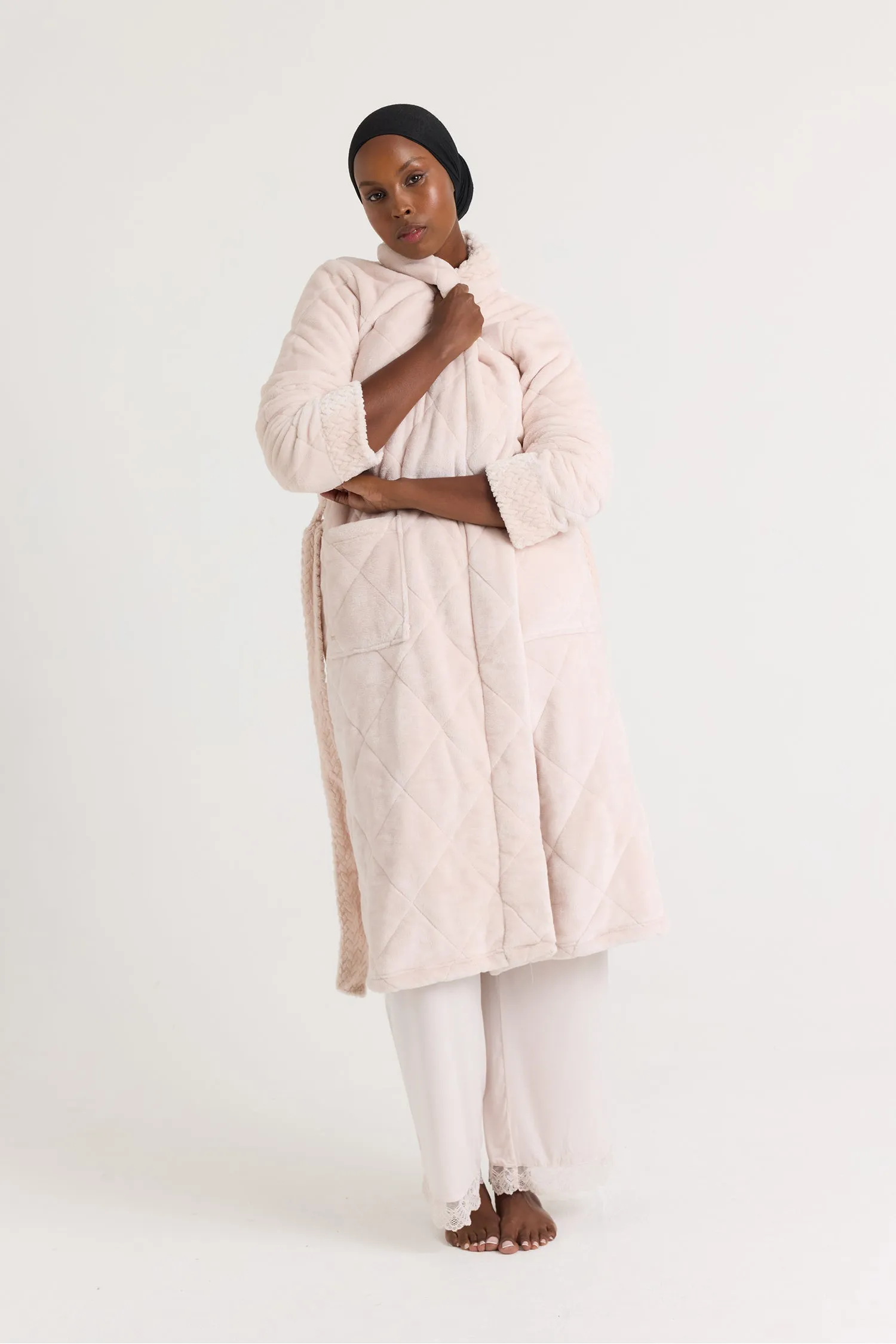 Quilted Velour Dressing Gown in Powder Puff - Wholesale sold by Pretty You London product image thumbnail 5