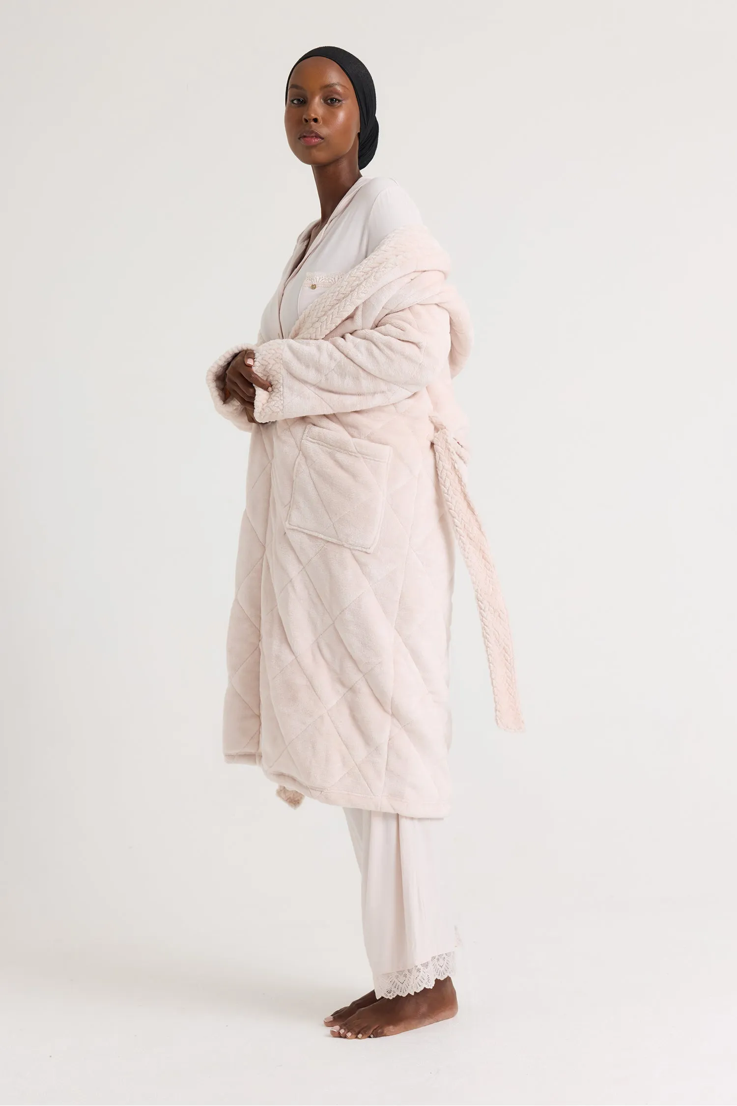 Quilted Velour Dressing Gown in Powder Puff - Wholesale sold by Pretty You London product image thumbnail 4