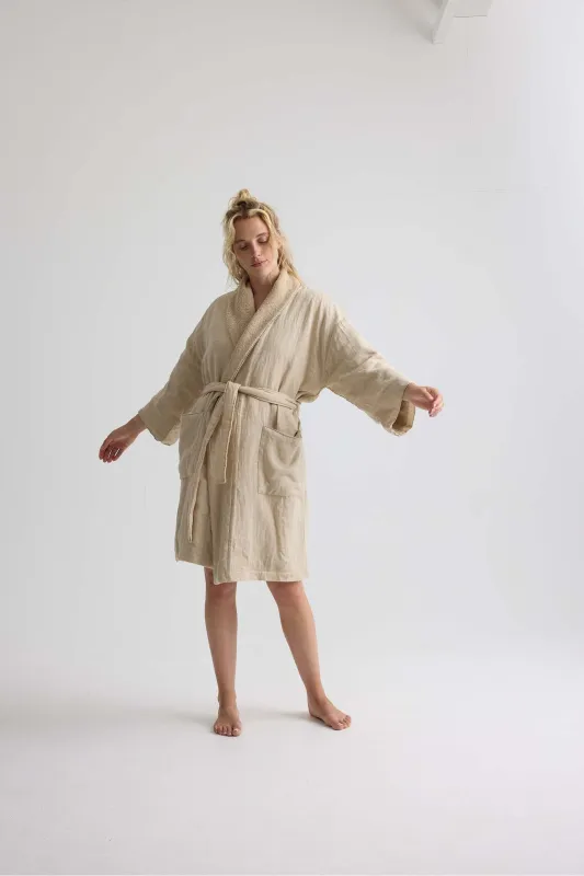 Short Terry Lined Linen Robe In Summer Sand made by Pretty You London