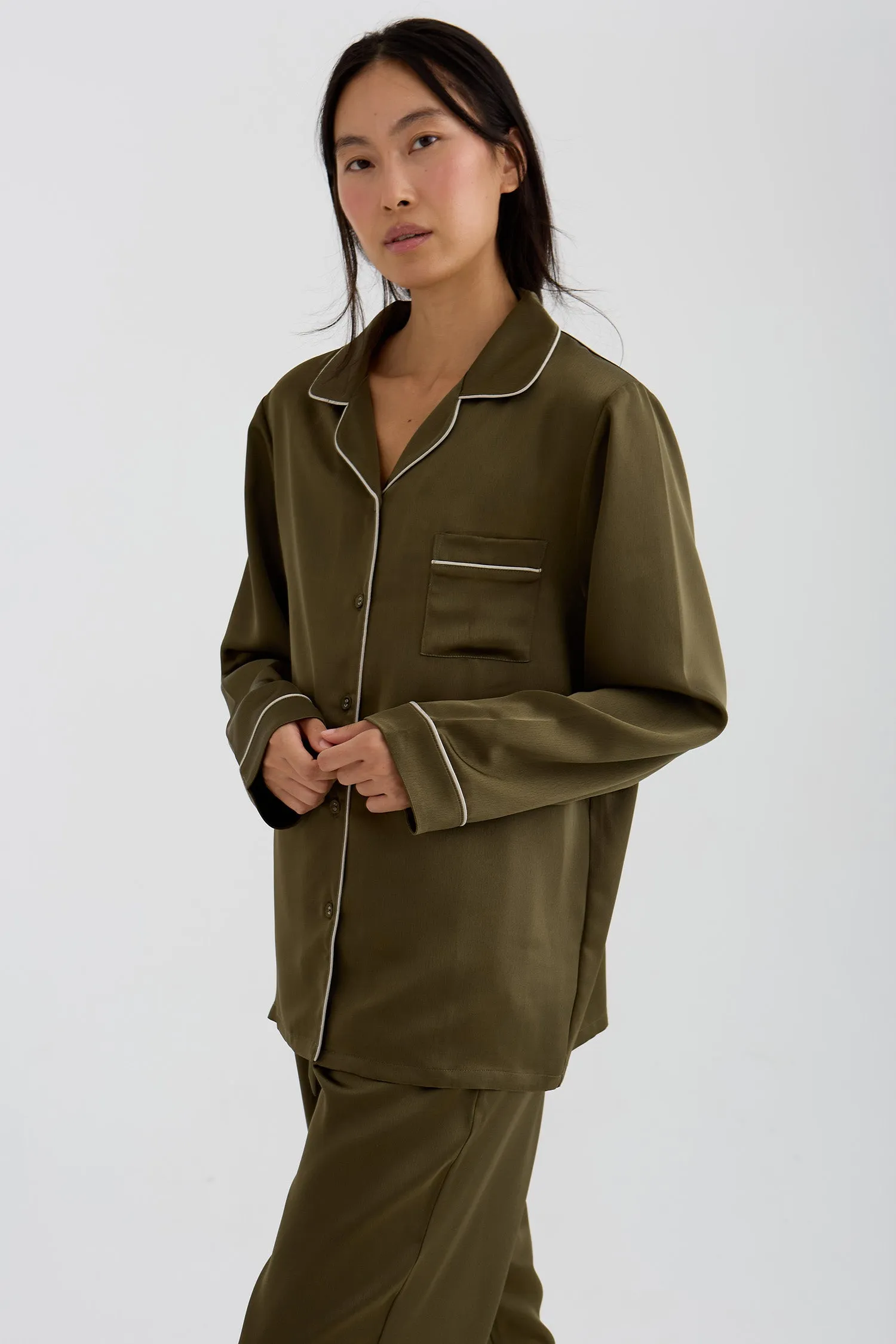 Eco Satin Long Pyjama Set In Olive sold by Pretty You London product image thumbnail 2