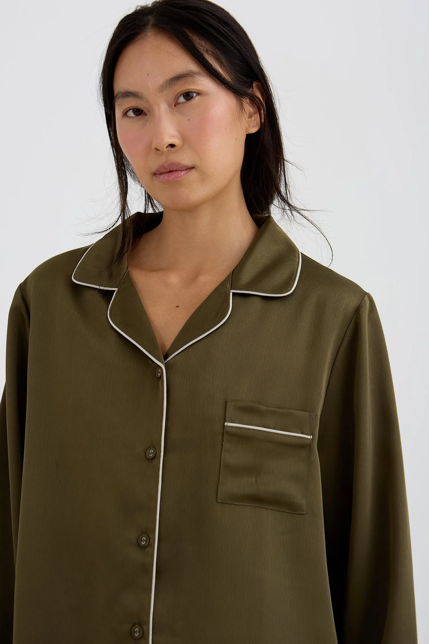 Eco Satin Long Pyjama Set In Olive sold by Pretty You London product image thumbnail 3