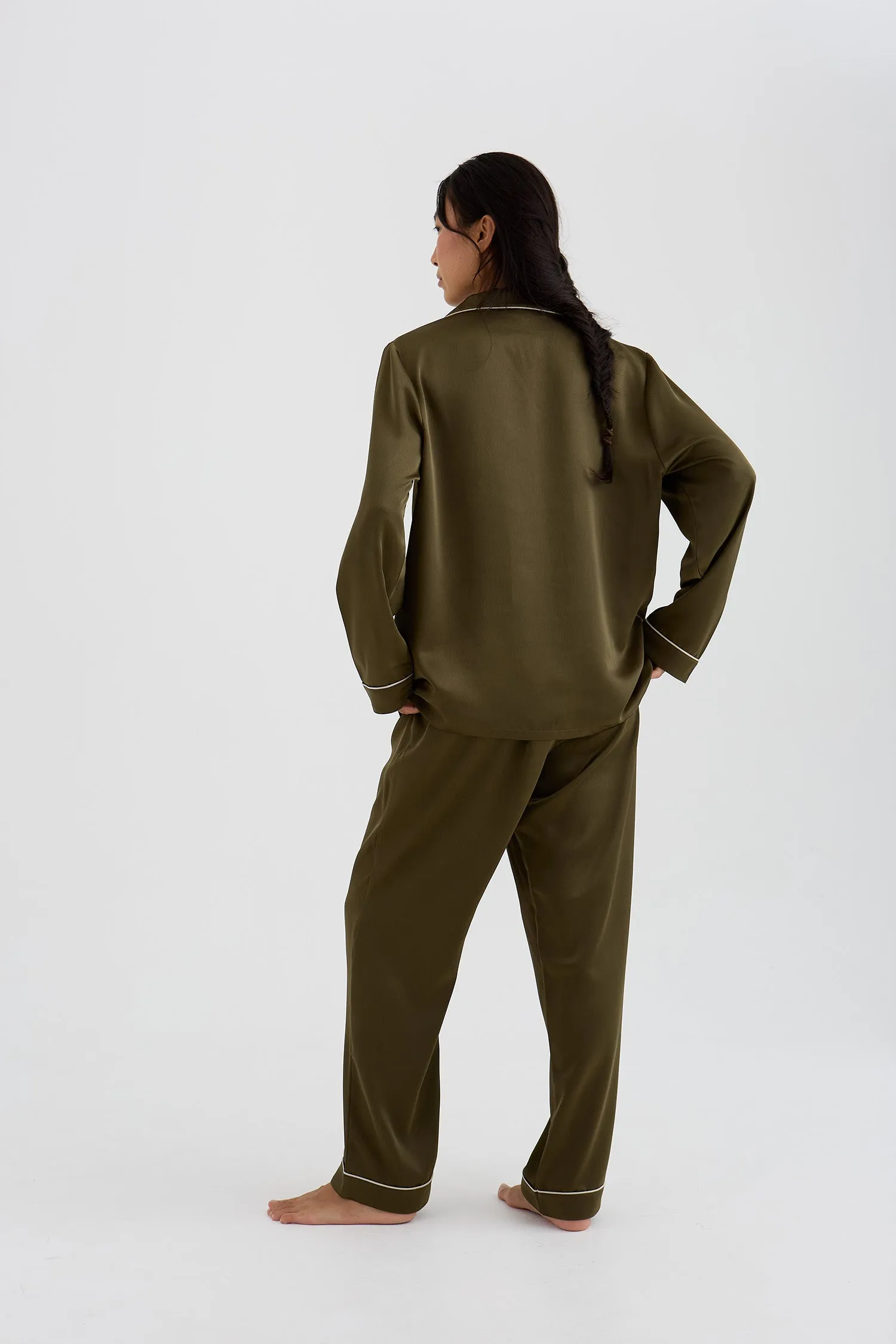 Eco Satin Long Pyjama Set In Olive sold by Pretty You London product image thumbnail 4