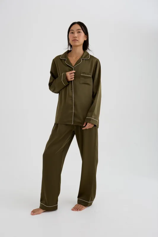 Eco Satin Long Pyjama Set In Olive made by Pretty You London