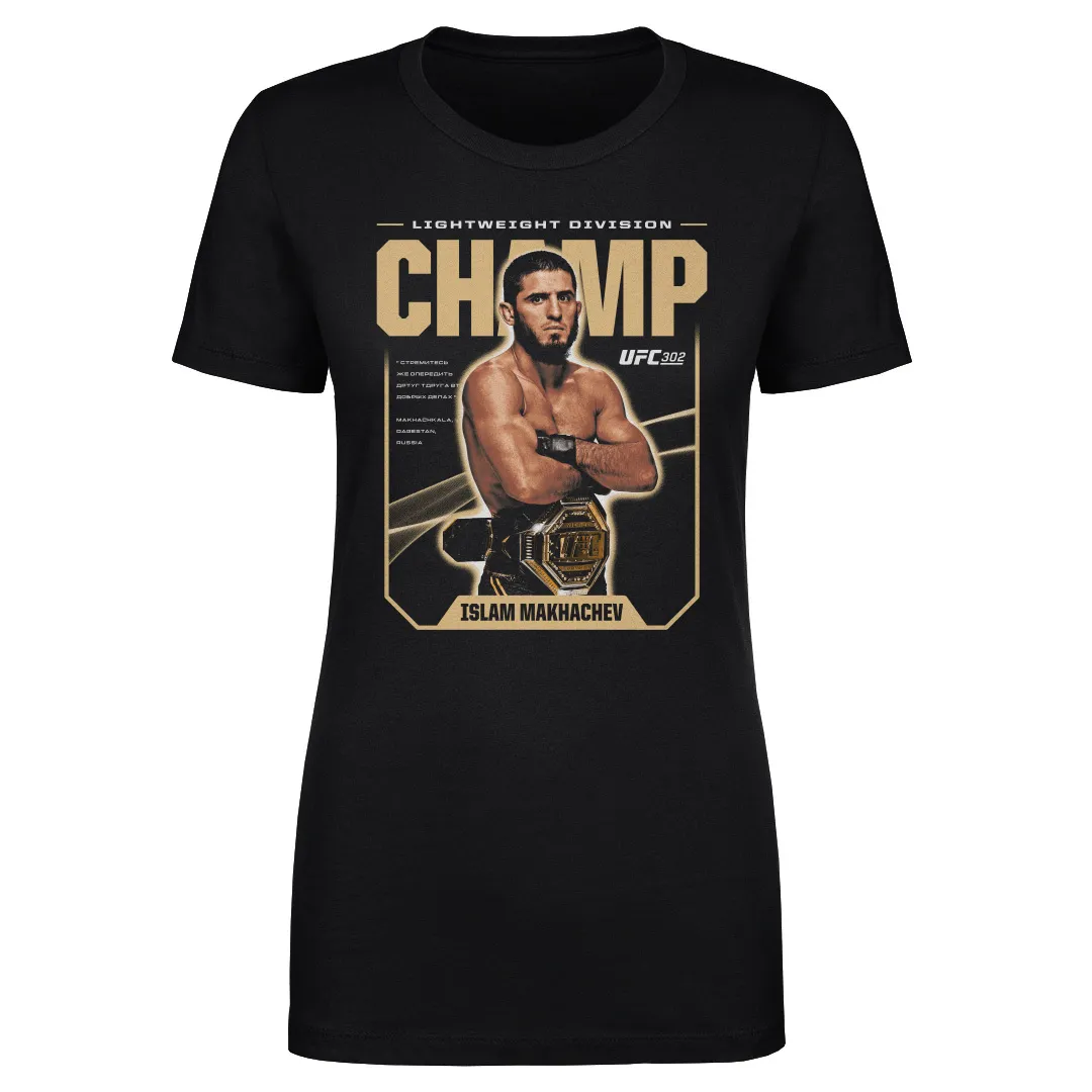 Women's 500 Level Black Islam Makhachev UFC 302 Lightweight Champion T-Shirt sold by UFC