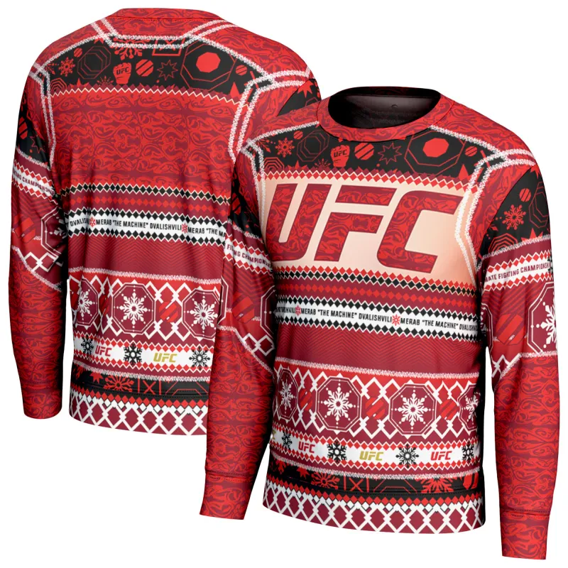 Men's ProSphere Red Merab Dvalishvili 2025 Holiday Sweater sold by UFC