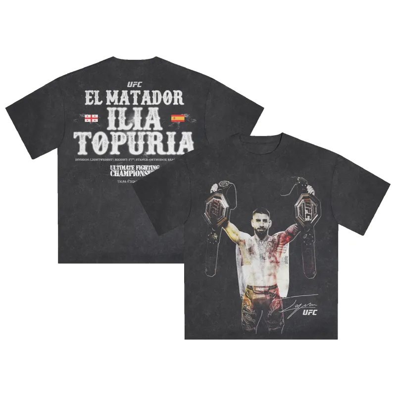 Men's Heather Black Ilia Topuria Double Champ Boxy T-Shirt made by UFC