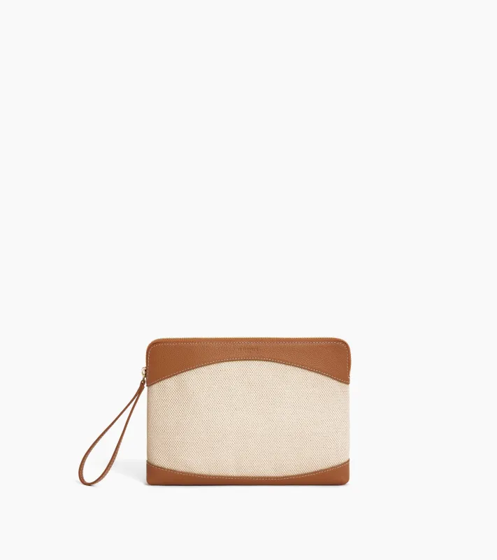 Zipped pouch in cotton canvas and grained leather made by Le Tanneur