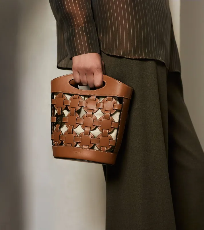 Small bucket bag Le Potier in canvas cotton and smooth leather made by Le Tanneur
