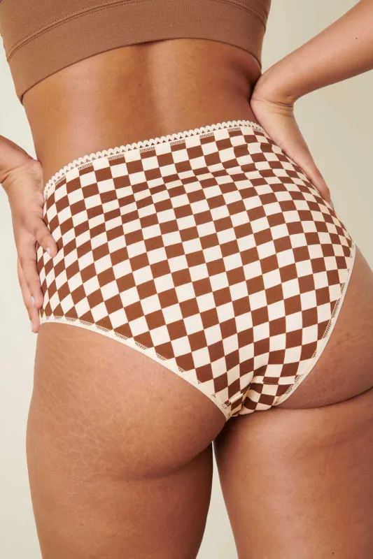 High-waisted briefs in organic cotton - brown checkerboard pattern made by We Are Jolies
