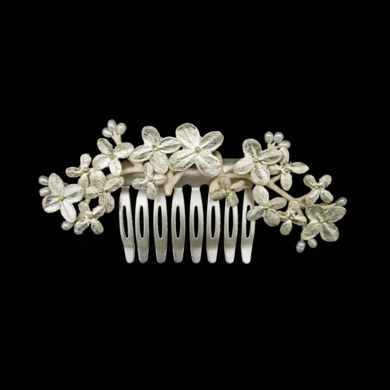 White Hydrangea Hair Comb (Silver Tone) made by Michael Michaud